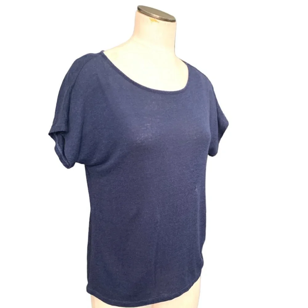 Michael Kors Linen-Viscose‎ Short Sleeve Tee Side Tie Sz M Navy Blue 104D